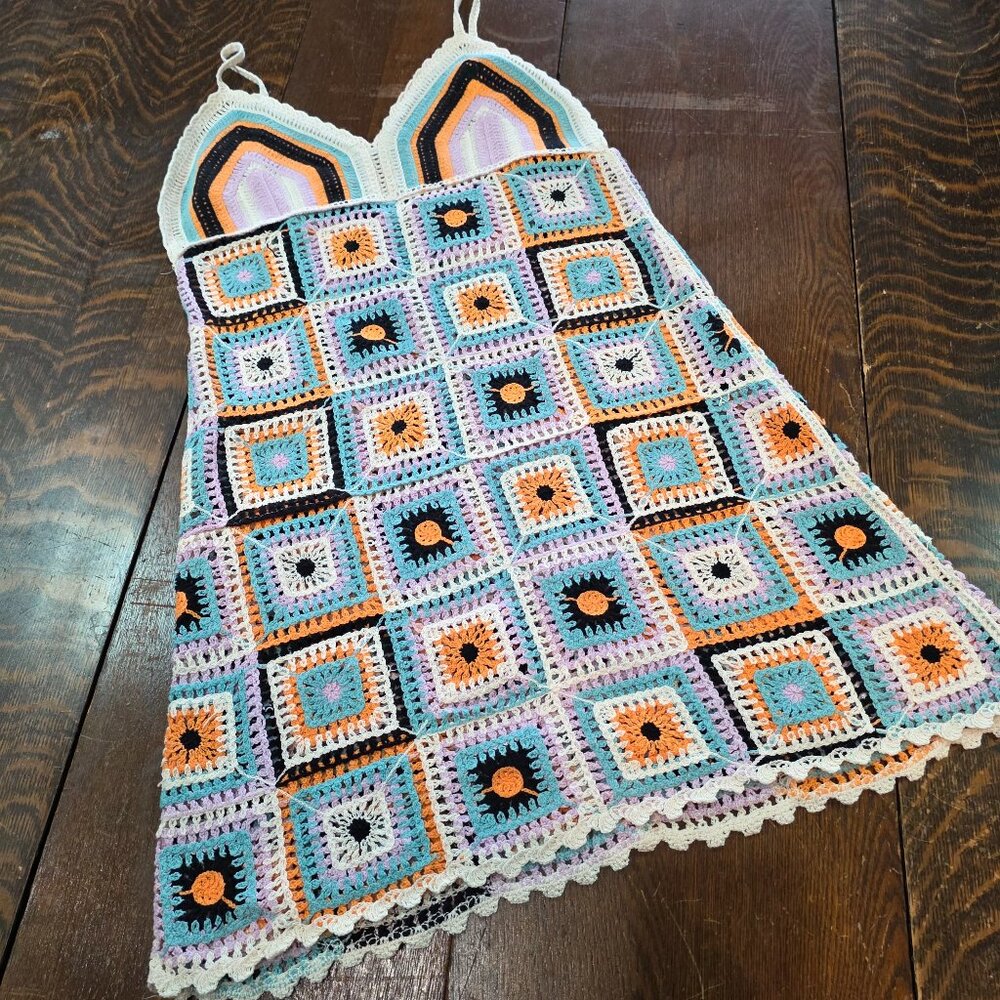 Handmade crochet granny square camisole-style neckline spaghetti straps